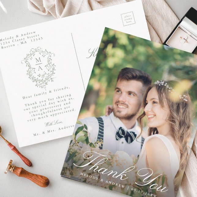 Cartão Postal Sage Green Floral Crest Casamento Obrigado (Front & Back)