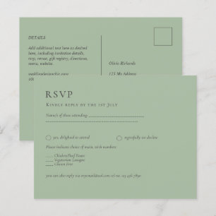 Cartão Postal Sage Green Monocrome Wedding RSVP