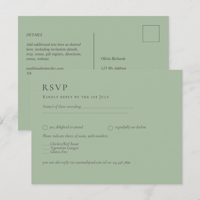 Cartão Postal Sage Green Monocrome Wedding RSVP (Frente/Verso)