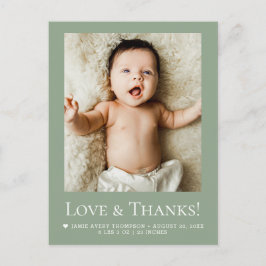 Cartão Postal Sage Green Photo Baby Love & thanks Modern 
