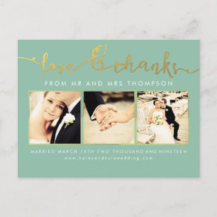 Cartão Postal Sage Mint Dourado Wedding Love & Obrigado Script P