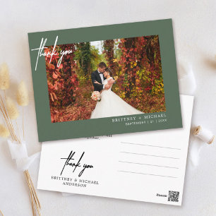 Cartão Postal Sage Verde Moderno Script Foto Casamento Obrigado