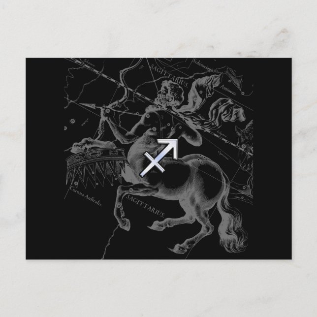 Cartão Postal Sagitário com Estilo Cromo no Mapa de Constelações (Frente)