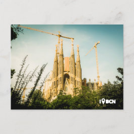 Cartão Postal Sagrada Família de Gaudi com bandeira da Catalônia