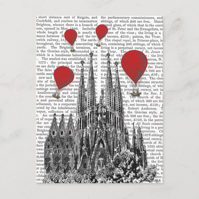 Cartão Postal Sagrada Família e Balões de Ar Quente Vermelho (Frente)