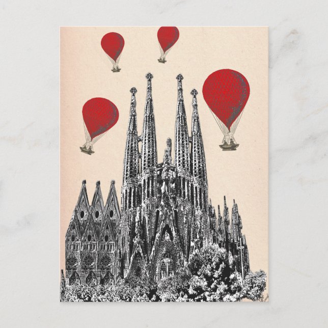 Cartão Postal Sagrada Família e Balões de Ar Quente Vermelho 2 (Frente)