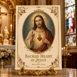 Cartão Postal Sagrado Coração de Jesus Floral Dourado Vintage