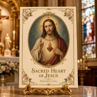 Cartão Postal Sagrado Coração de Jesus Floral Dourado Vintage