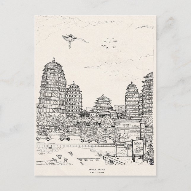 Cartão Postal Saigon Pagoda Vietnam Cityscape Pen Tinta (Frente)
