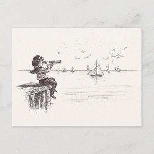 Cartão Postal Sailor Boy com Spyglass Vê Schooners