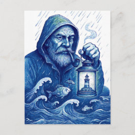 Cartão Postal Sailor Holding Lantern While Fish Holds Umbrella