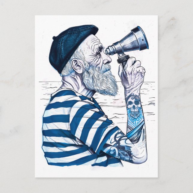Cartão Postal Sailor Looking Through Telescope Toward Distant Ho (Frente)