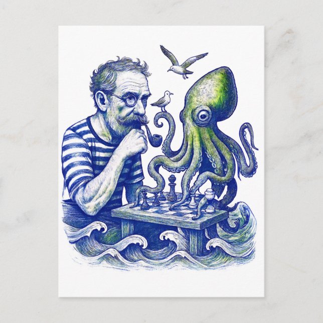 Cartão Postal Sailor Playing Chess With Large Curious Octopus (Frente)