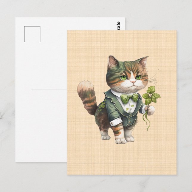 Cartão Postal Saint Patrick : Chat chanceux en costume  (Frente/Verso)