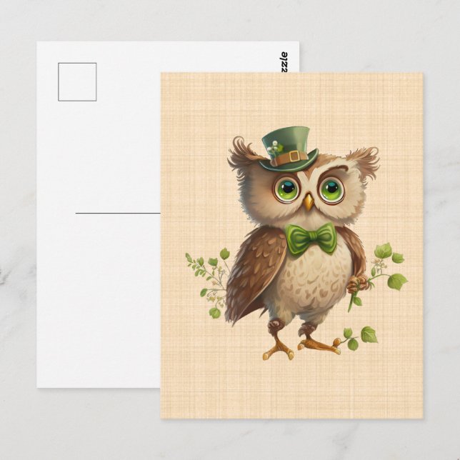 Cartão Postal Saint Patrick - Chouette portant chapeau vert  (Frente/Verso)