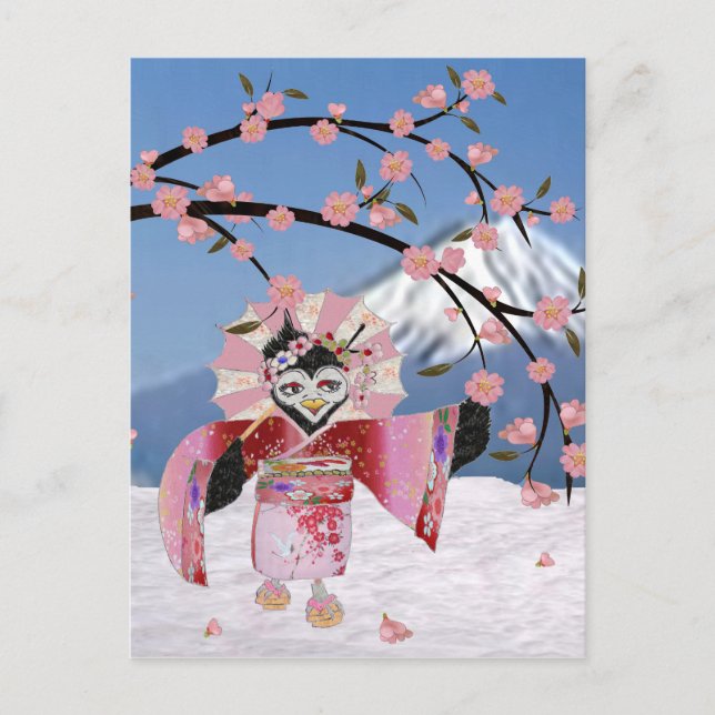Cartão Postal Sakura Geisha Bird no Snow Cherry Blossoms (Frente)