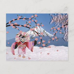Cartão Postal Sakura Gêisha Pássaro na Neve Flor de Cerejeira