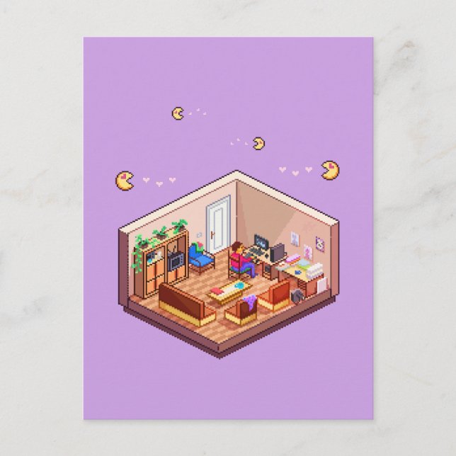 Cartão Postal Sala de PC para Jogos em Pixel Isométrica (Frente)