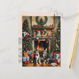 Cartão Postal Sala decorada festivamente, lareira, gatos, vintag