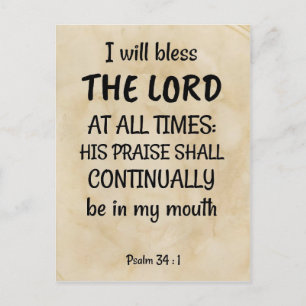 Cartão Postal Salm 34:1 (KJV) sobre fundo de pergaminho bíblico