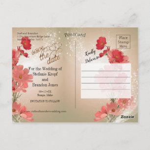 Cartão Postal Salmão e Flores Vermelhas/Trim Dourado