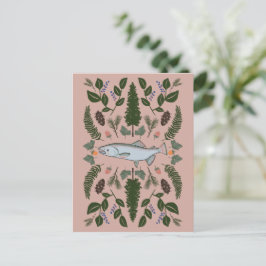 Cartão Postal Salmão PNW Nature Fir Ferns Berries Banquete de Fo