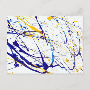 Cartão Postal Salpico de tinta azul e amarelo abstrato