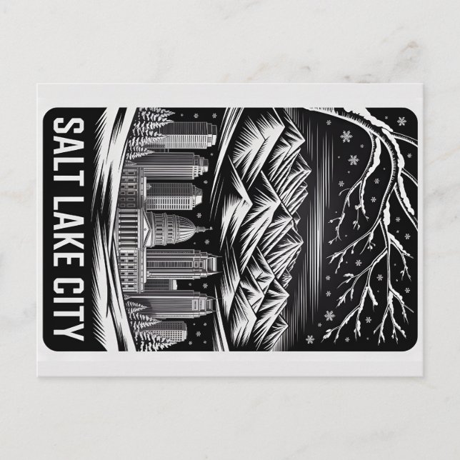 Cartão Postal Salt Lake City Skyline Black and White Woodcut  (Frente)