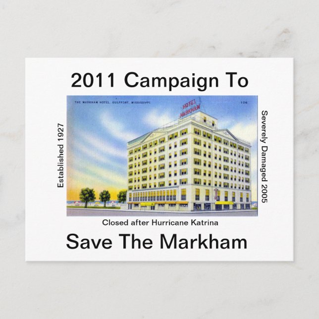 Cartão Postal Salvando o Hotel Markham Histórico (Frente)