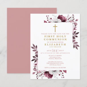 Cartão Postal Salvar a data da primeira comunhão floral rosa
