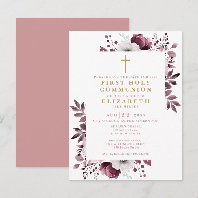 Cartão Postal Salvar a data da primeira comunhão floral rosa (Frente/Verso)
