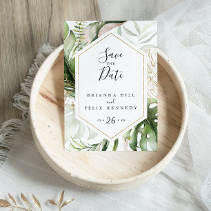 Cartão Postal Salvar a data de greenery tropical dourado geométr