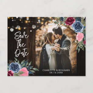 Cartão Postal Salvar a data do casamento com foto floral em azul