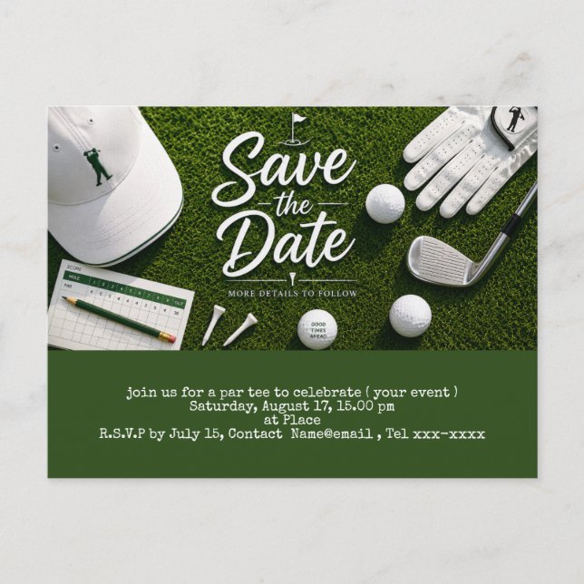 Cartão Postal Salvar data de golfe com bola de golfe e wedge de  (Frente)