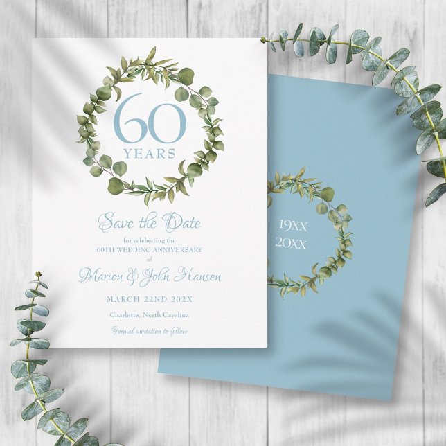 Cartão Postal Salvar data do 60º aniversário com flora verde (60th Anniversary Save the Date Greenery Floral Postcard)
