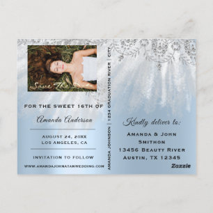 Cartão Postal Salve a Data Azul Foto Rosa Doce 16º Casamento