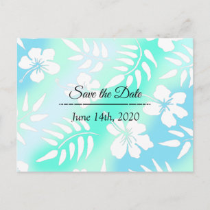 Cartão Postal Salve a Data Azul Turquesa Hibisco Tema Tropical