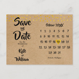 Cartão Postal Salve a Data Calendário Coração Dourado Rústico Bo