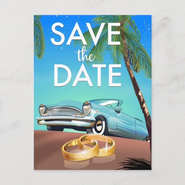 Cartão Postal Salve a data carro antigo e alianças de casamento. (Frente)