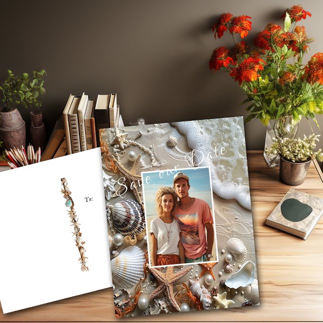 Cartão Postal Salve a Data das Conchas Pérolas Starfish Beach (Save the Date Postcard Beach, Tropical Wedding. )