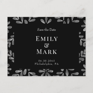 Cartão Postal Salve a Data de Casamento Preto e Branco Elegante