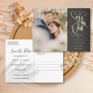 Cartão Postal Salve a Data Elegante Chique Dourado Rascunho Foto