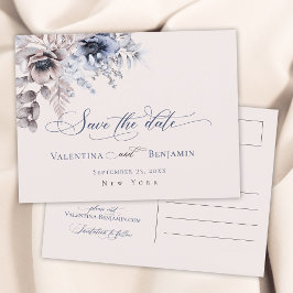 Cartão Postal Salve a data elegante floral azul bege empoeirado