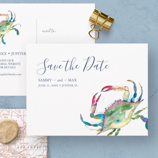 Cartão Postal Salve a Data - Postcard de Caranguejo Aquarela (non photo wedding save the date invitations feature watercolor crab art by Victoria Grigaliunas)