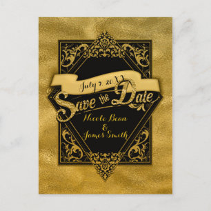 Cartão Postal Salve A Data Preto & Faux Dourado Elegante Noivado