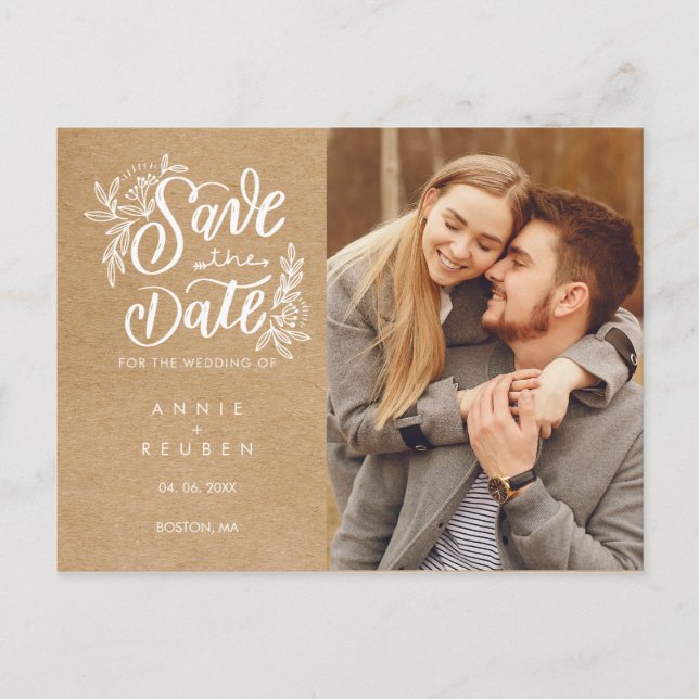 Cartão Postal Salve a data Rustic Kraft Hand Script Photo (Frente)