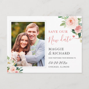 Cartão Postal Salve nossa nova data Blush Pink Chic Floral Foto