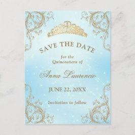 Cartão Postal Salve o Dia de Baby Blue Light Gold Quinceanera