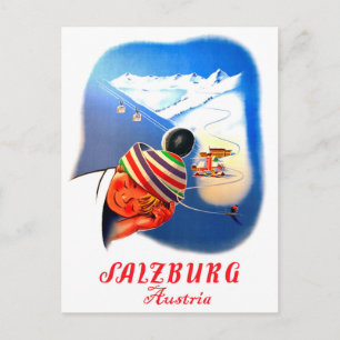 Cartão Postal Salzburgo, Áustria. Garoto sonha em esquiar