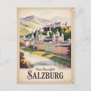Cartão Postal Salzburgo Pintura em Aquarela Viagem Áustria